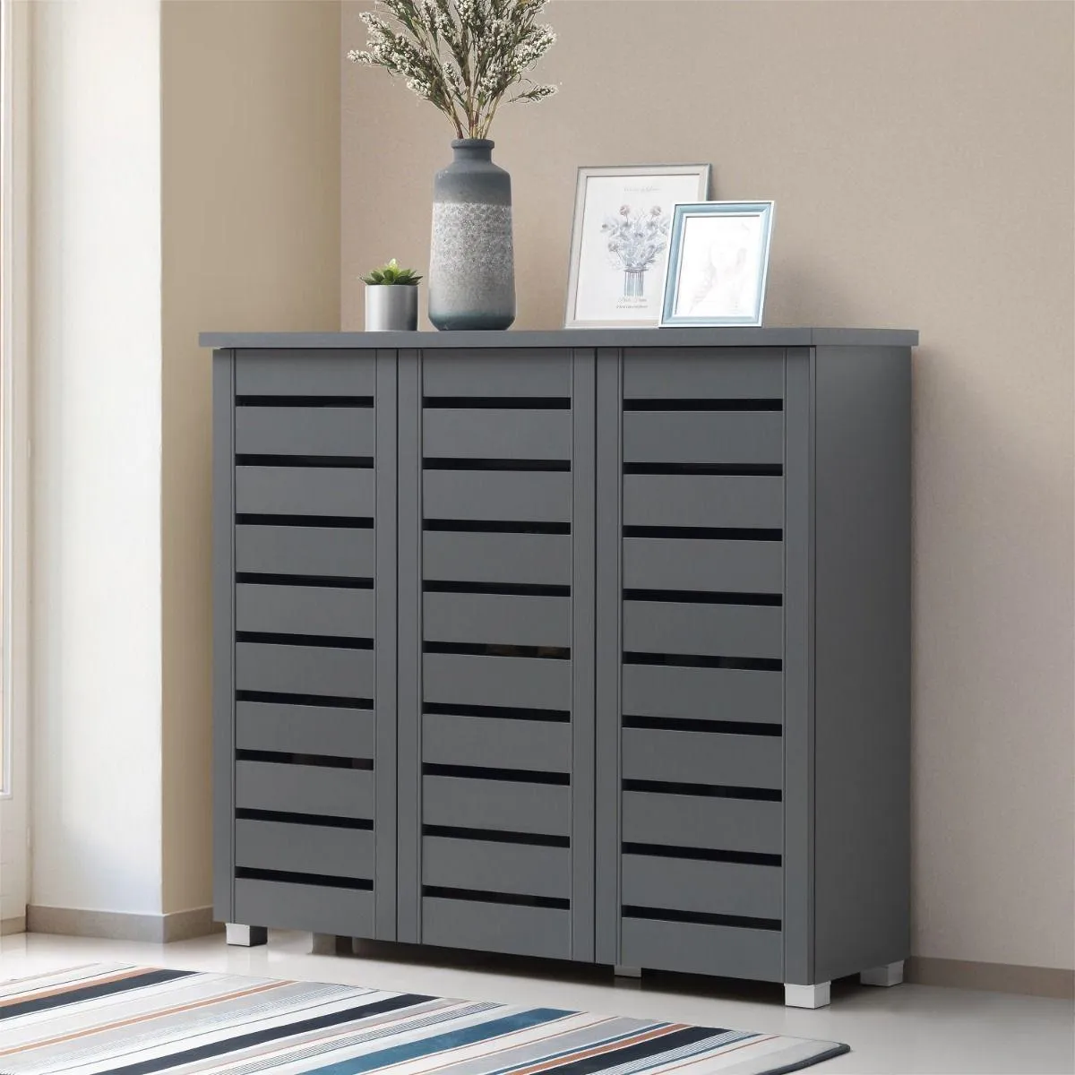 All Homely Basics Modern 3 Door Dark Oak Shoe Cabinet with Metal Handles | Stores 15 Pairs of Shoes | H 98.3cm x W 114cm x D 33.6cm