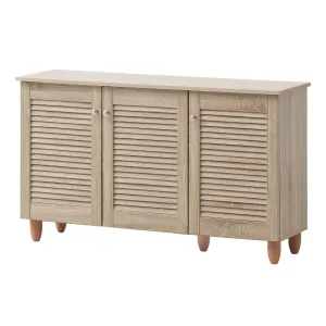 All Homely Basics Traditional 3 Door Shoe Cabinet | Oak Finish with Metal Handles and 3 Fixed Shelves | Stores up to 15 Pairs of Shoes | H67.5cm W114cm D33.6cm