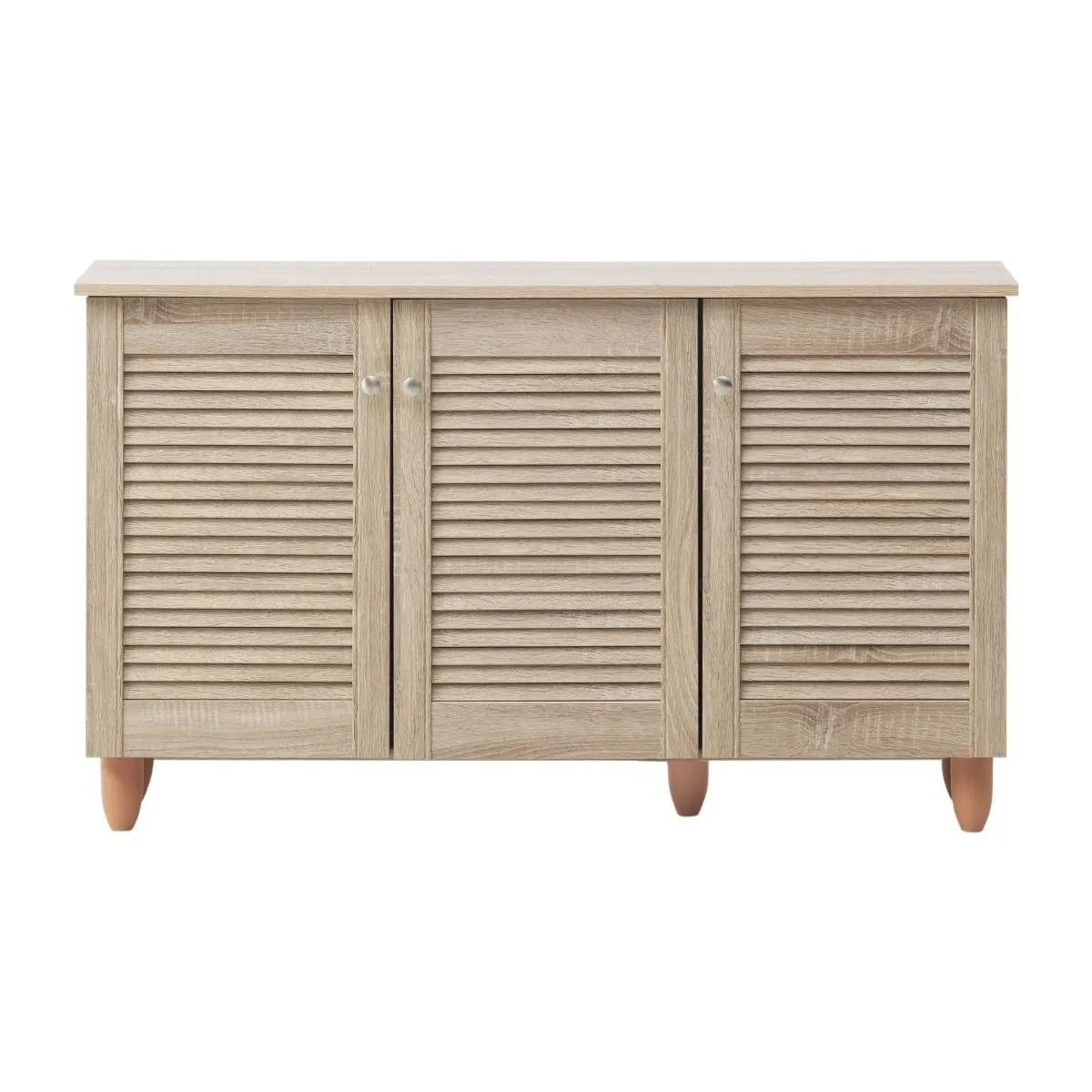 All Homely Basics Traditional 3 Door Shoe Cabinet | Oak Finish with Metal Handles and 3 Fixed Shelves | Stores up to 15 Pairs of Shoes | H67.5cm W114cm D33.6cm