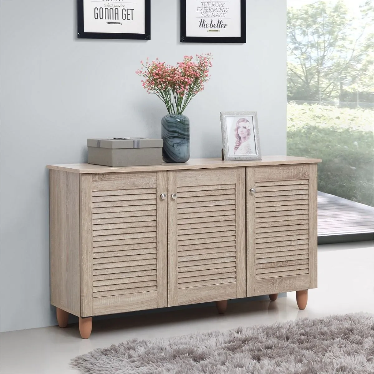 All Homely Basics Traditional 3 Door Shoe Cabinet | Oak Finish with Metal Handles and 3 Fixed Shelves | Stores up to 15 Pairs of Shoes | H67.5cm W114cm D33.6cm