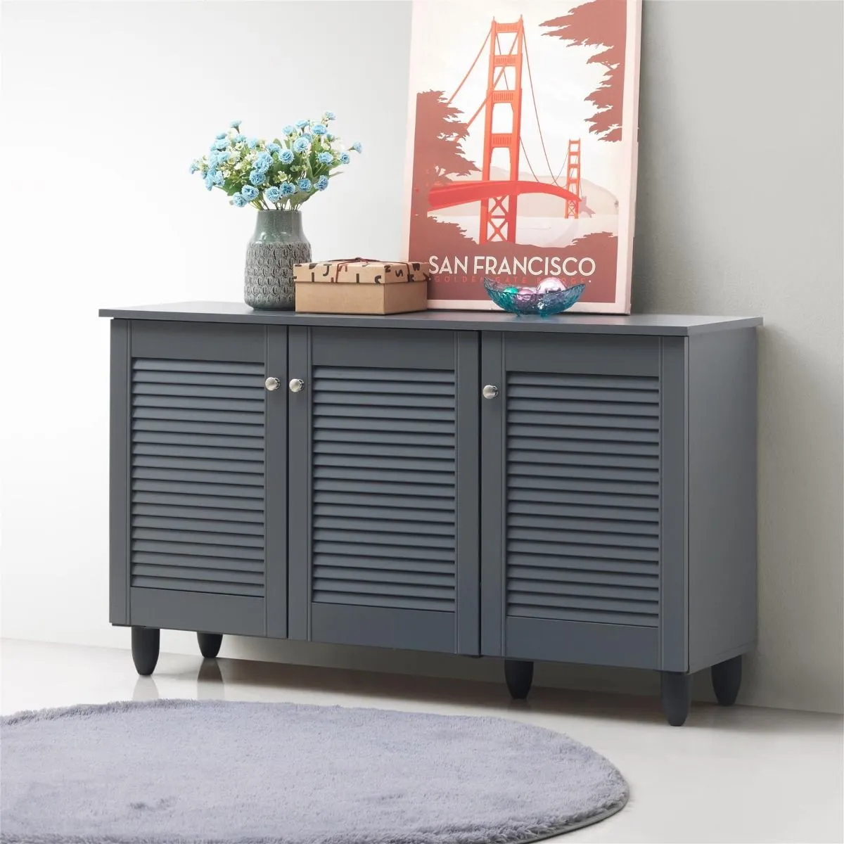 All Homely Basics Traditional 3 Door Shoe Cabinet | Oak Finish with Metal Handles and 3 Fixed Shelves | Stores up to 15 Pairs of Shoes | H67.5cm W114cm D33.6cm