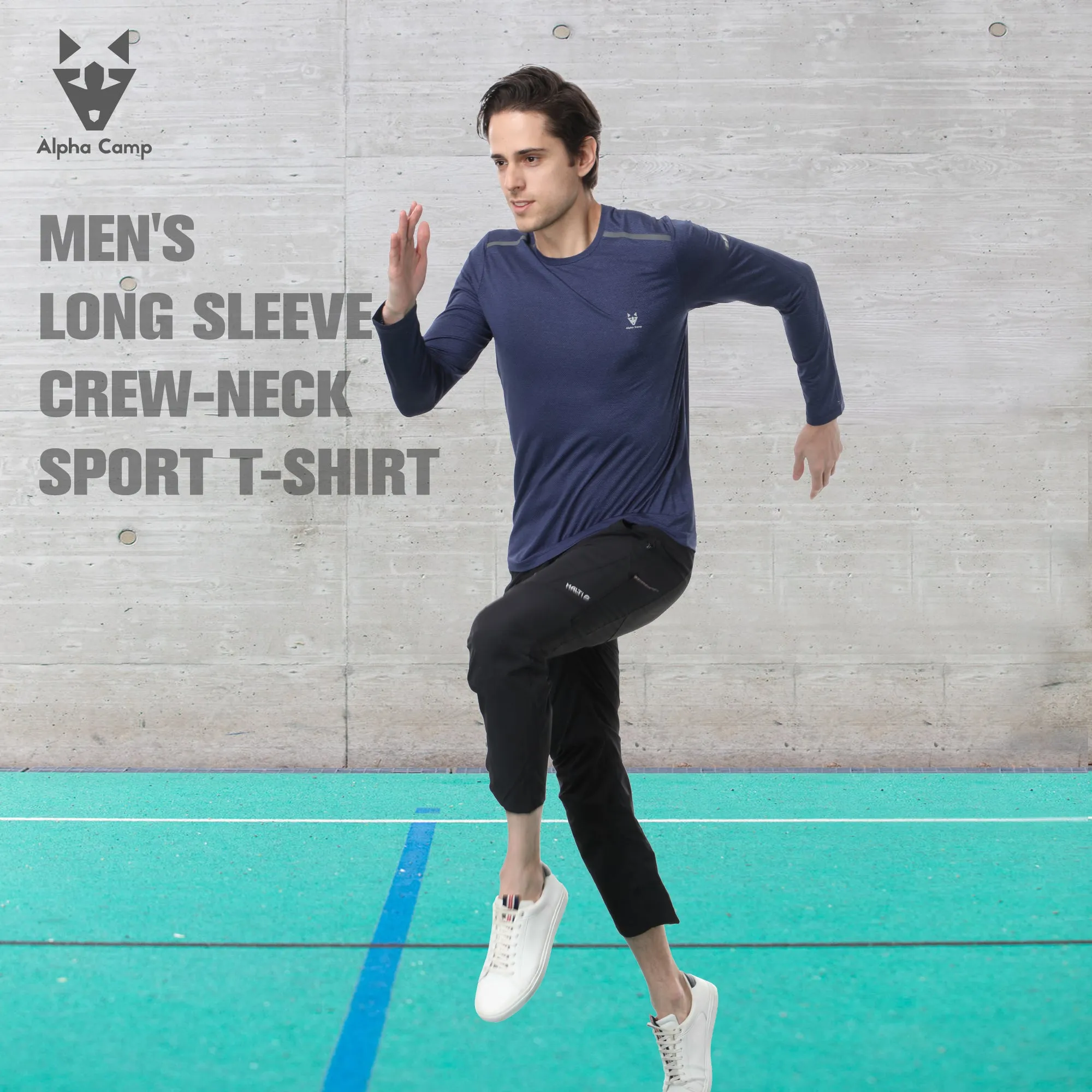 ALPHA CAMP Men’s Heat-pressed round neck long-sleeved jacquard T-Shirt Workout Athletic Running Gym Shirts for Men