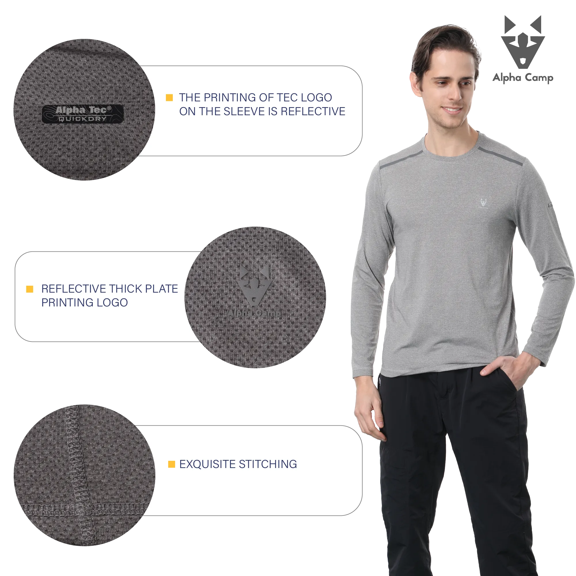 ALPHA CAMP Men’s Heat-pressed round neck long-sleeved jacquard T-Shirt Workout Athletic Running Gym Shirts for Men