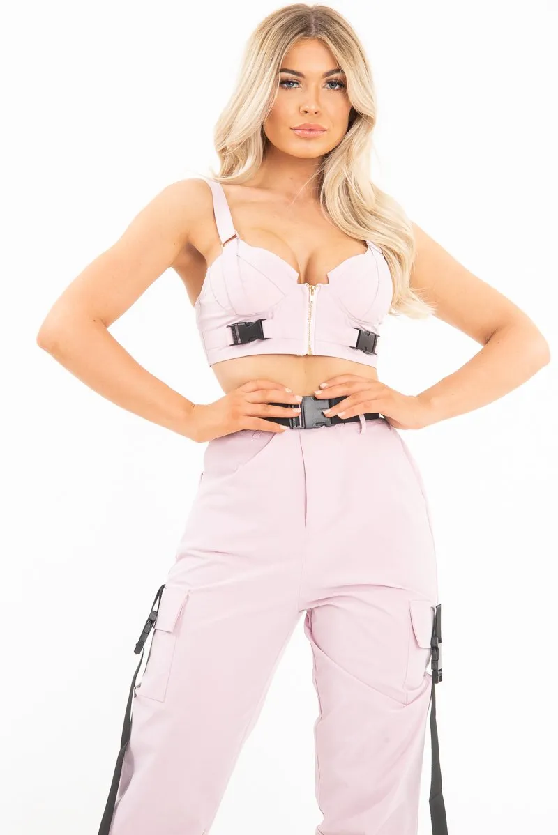 Baby Pink Utility Buckle Bralet and Trouser Set - Aaira