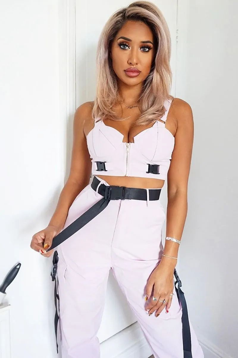 Baby Pink Utility Buckle Bralet and Trouser Set - Aaira