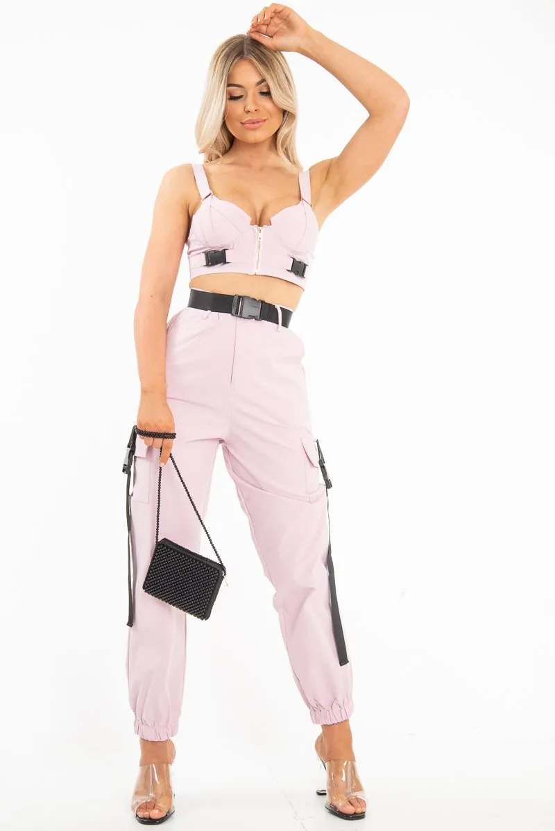 Baby Pink Utility Buckle Bralet and Trouser Set - Aaira