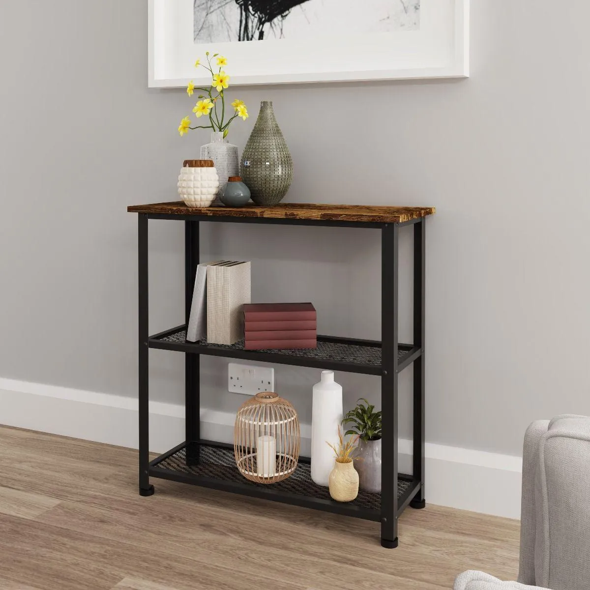 Banty Range Industrial Style Shoe Rack with Rustic Wood Grain and Black Metallic Frames | Holds 6-8 Pairs of Shoes, Perfect for Living Room or Bedroom Décor | Easy Assembly | H75.5cm x W75cm x D30cm