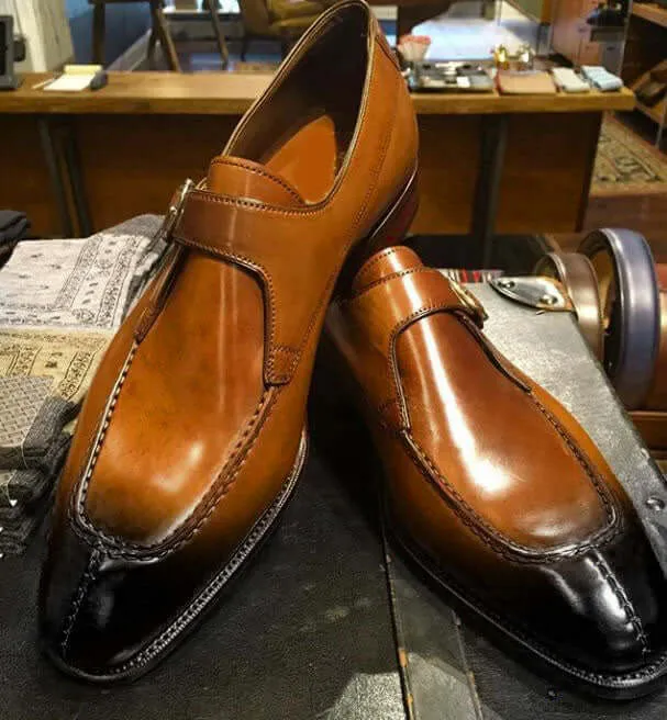 Bespoke Brown & Black Leather Split Toe Monk Strap Shoe for Men