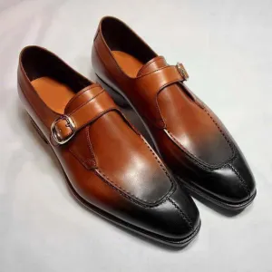 Bespoke Brown & Black Leather Split Toe Monk Strap Shoe for Men