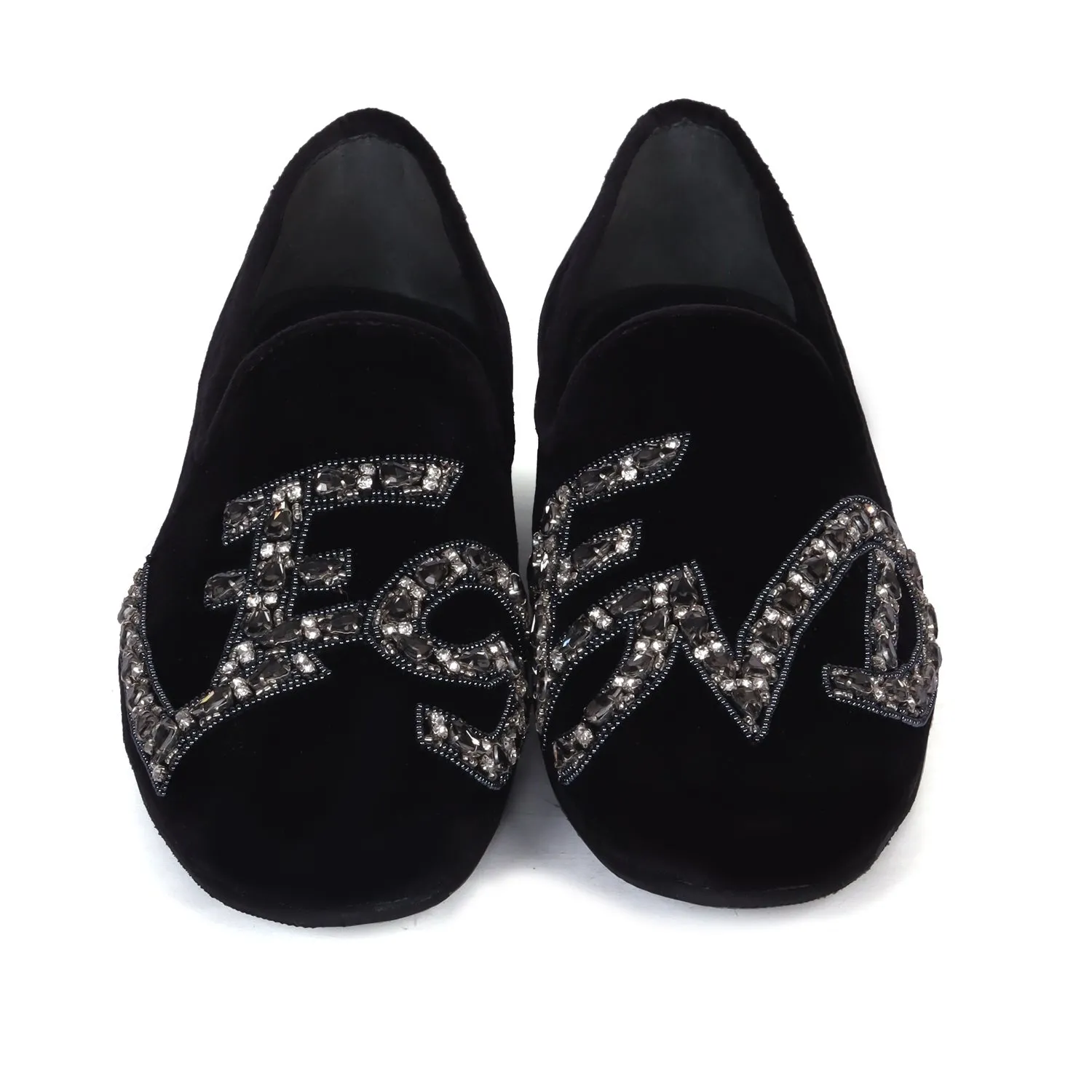 Black Italian Velvet Slip-On Shoes with Grey Finish Crystal Stones LEGEND Embellished