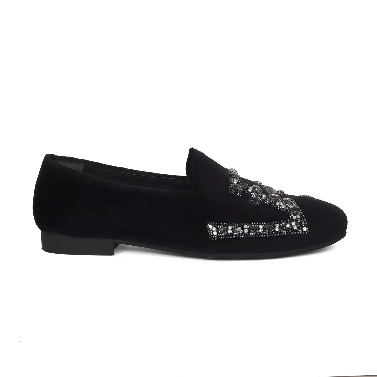 Black Italian Velvet Slip-On Shoes with Grey Finish Crystal Stones LEGEND Embellished