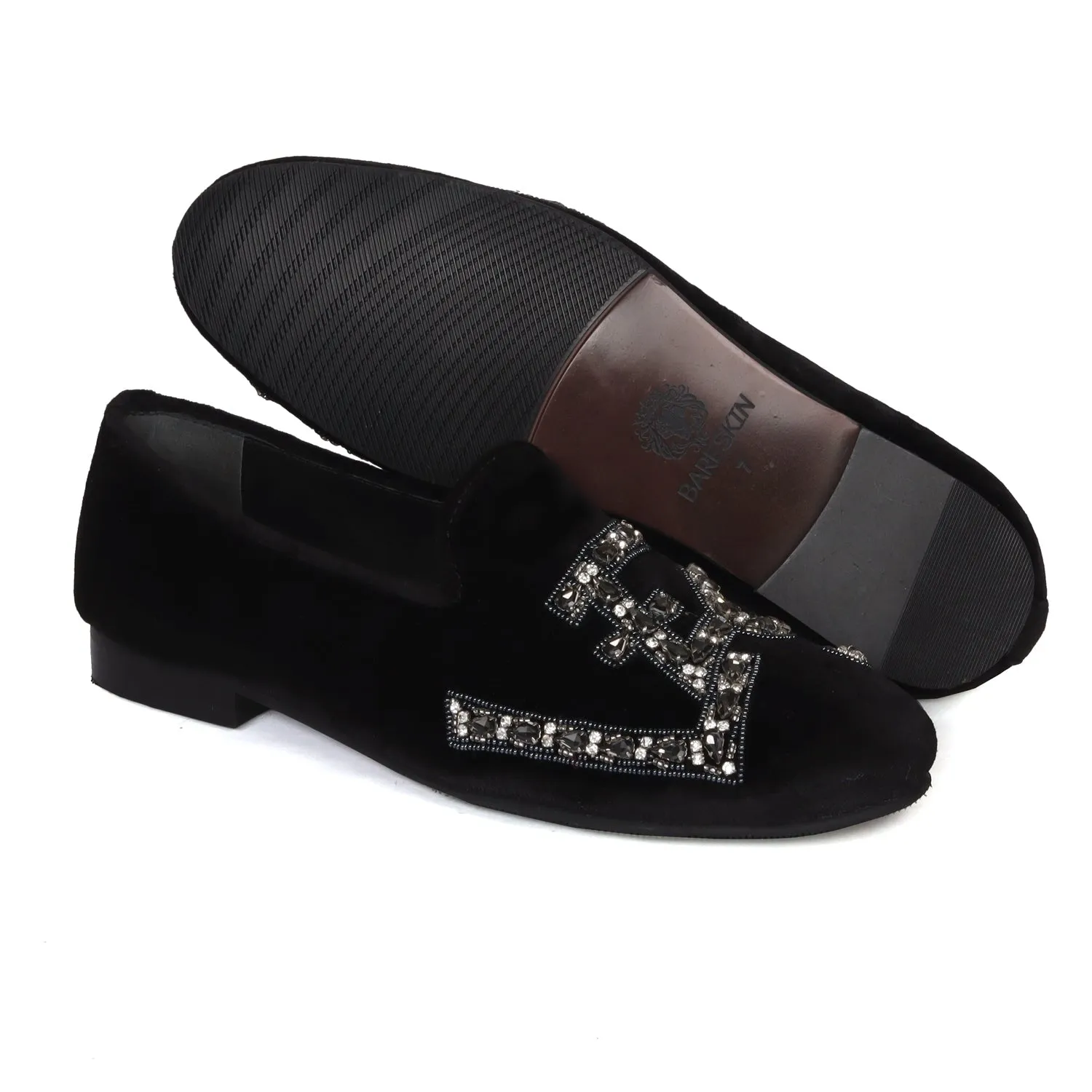 Black Italian Velvet Slip-On Shoes with Grey Finish Crystal Stones LEGEND Embellished