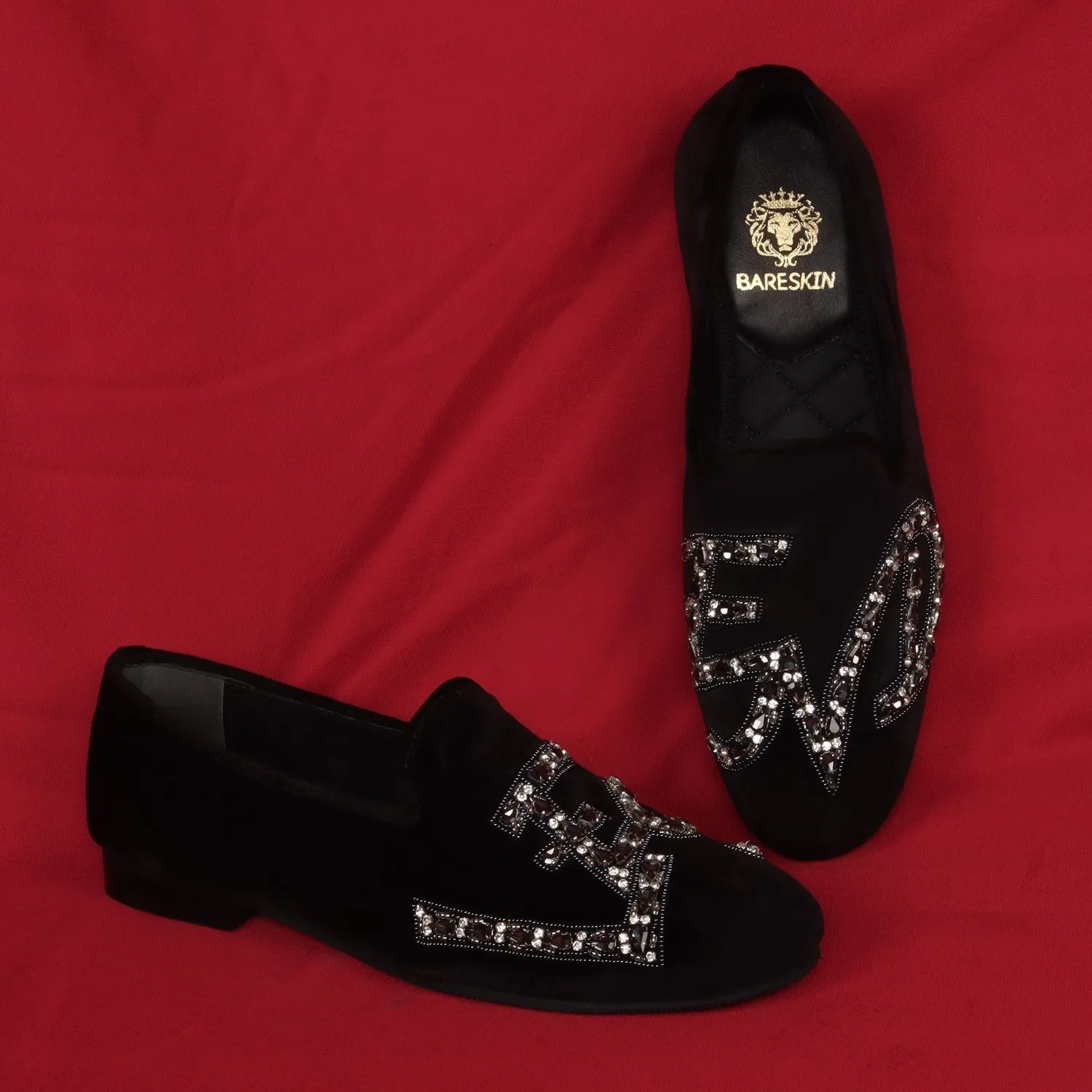 Black Italian Velvet Slip-On Shoes with Grey Finish Crystal Stones LEGEND Embellished