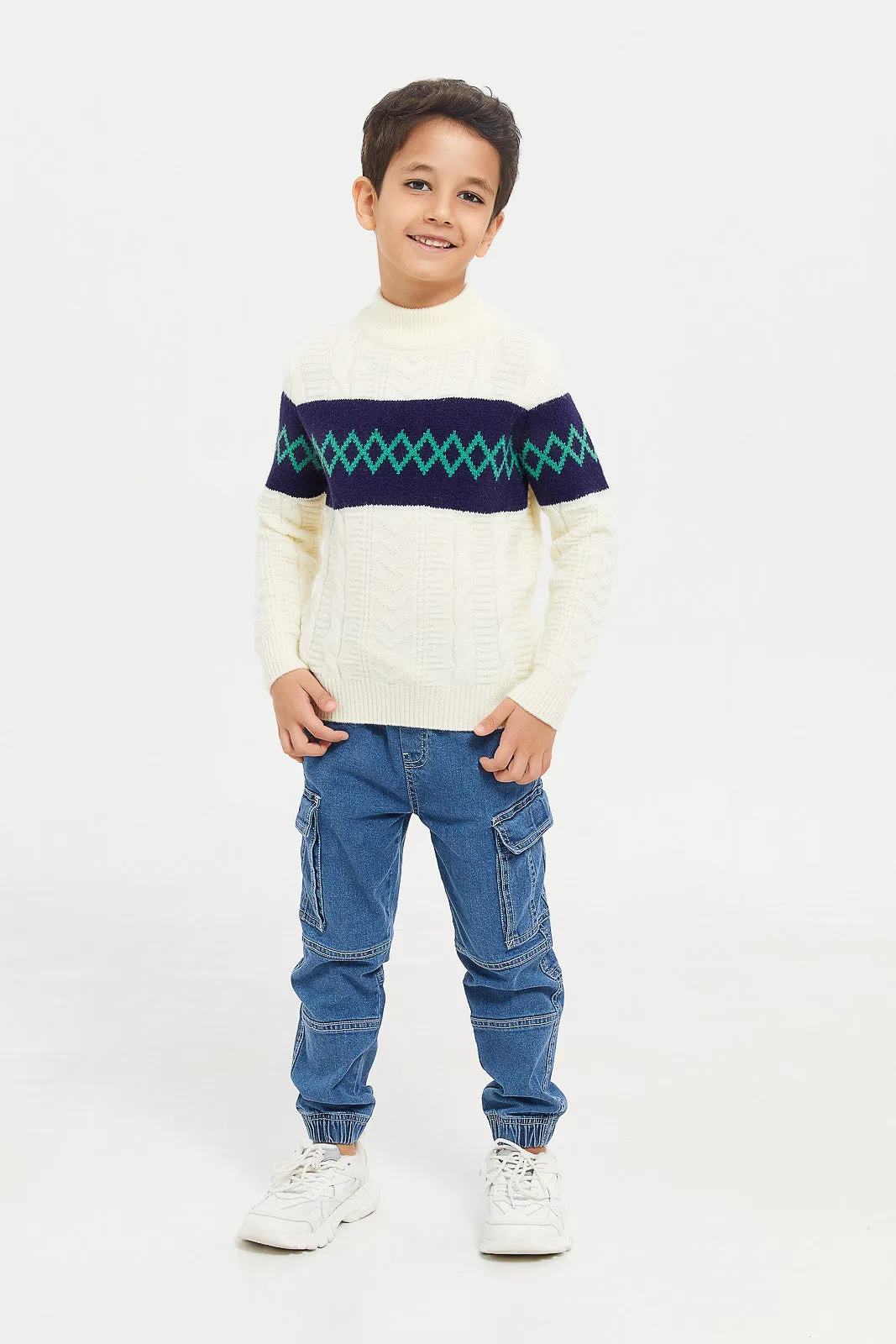 Boys Cream Cable Turtle Neck Jumper