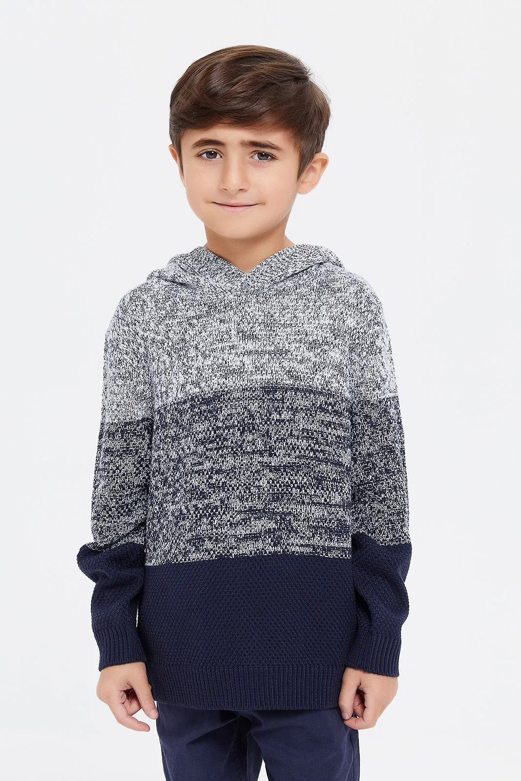 Boys Grey And Navy Hooded Jumper