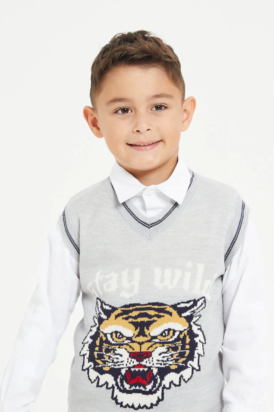 Boys Grey And White Shirt With Jumper Set (2 Piece)