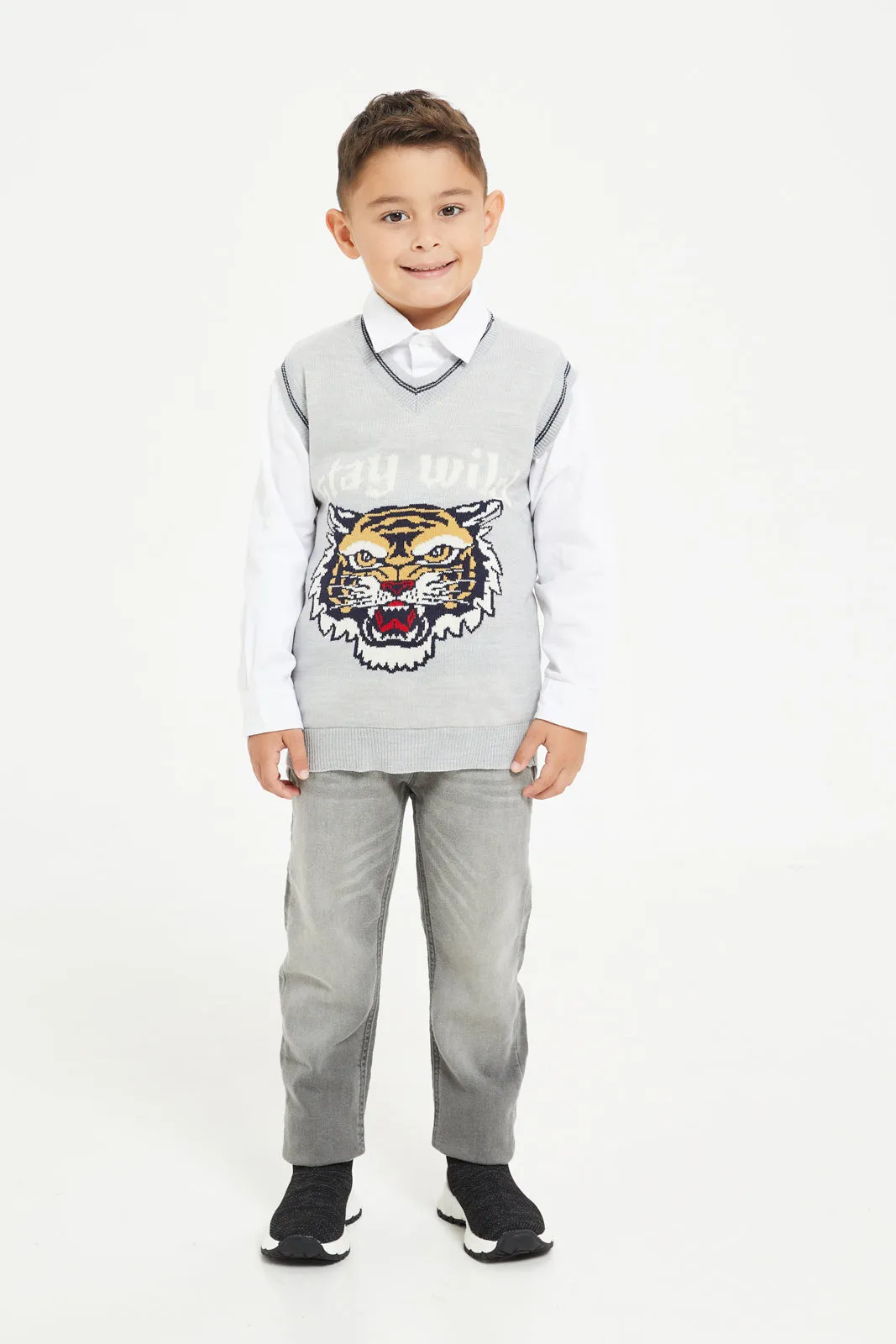 Boys Grey And White Shirt With Jumper Set (2 Piece)