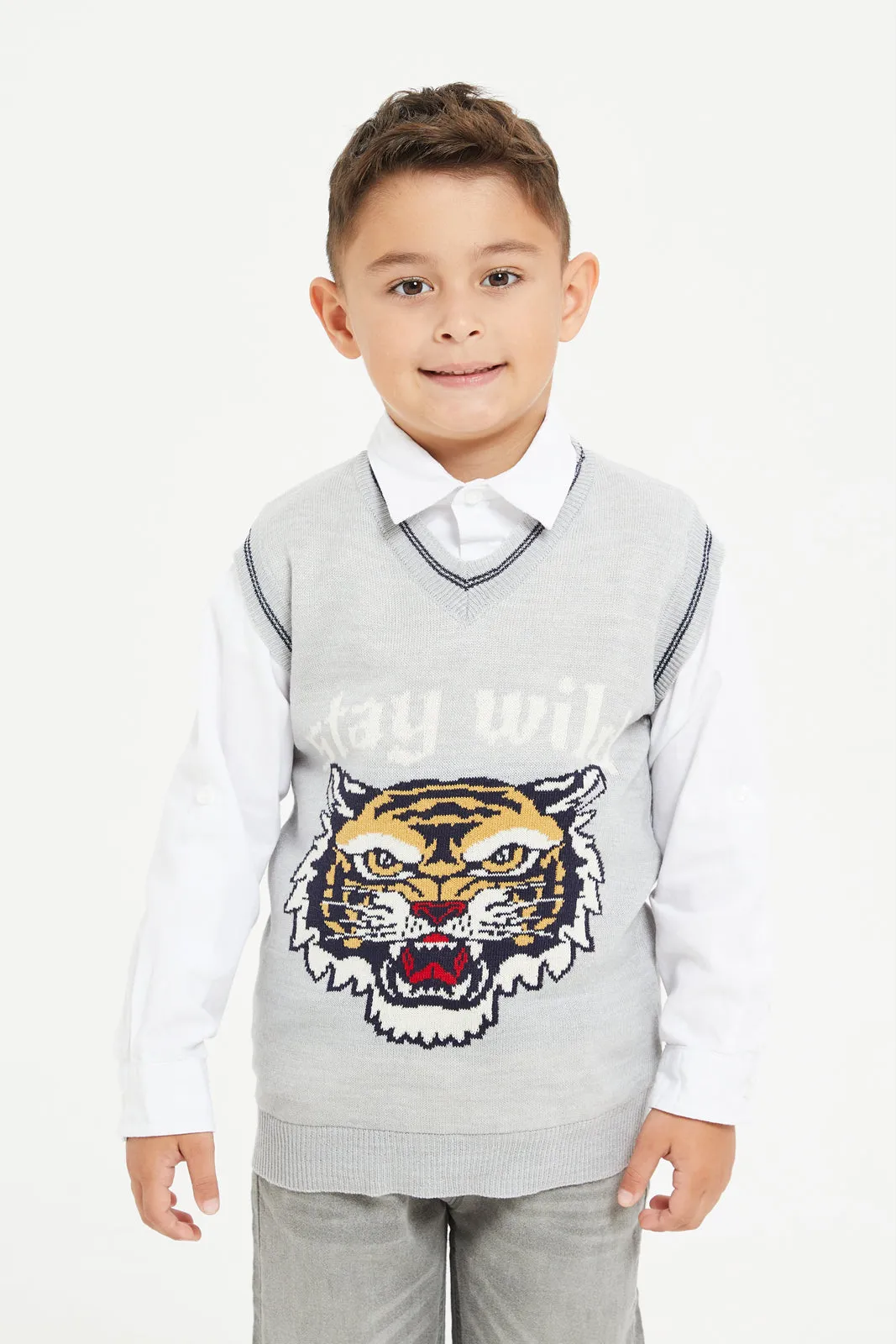 Boys Grey And White Shirt With Jumper Set (2 Piece)