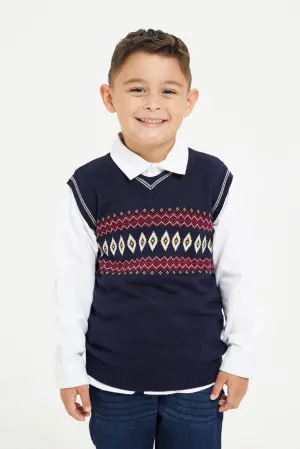 Boys Navy And White Shirt With Jumper Set (2 Piece)