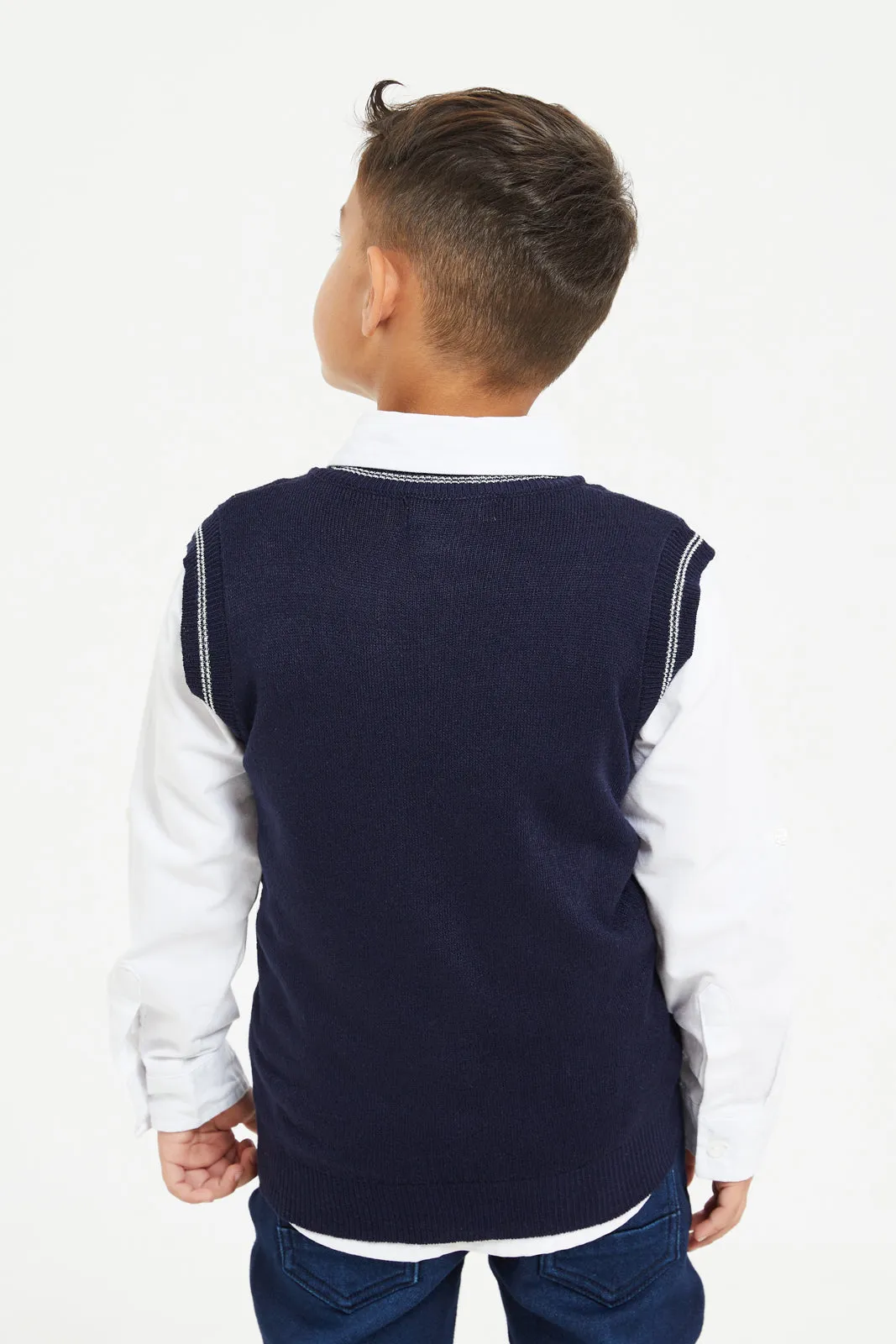 Boys Navy And White Shirt With Jumper Set (2 Piece)