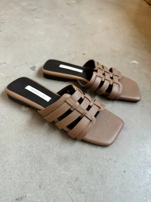 Brown Leather Sqaure Toe Slide Sandals