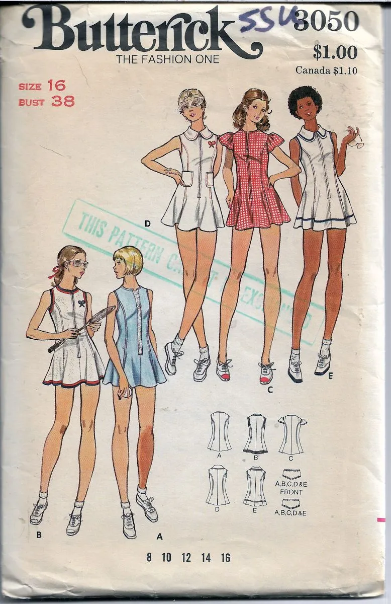 Butterick 3050 Ladies Tennis Dress Panties Vintage Sewing Pattern 1970s