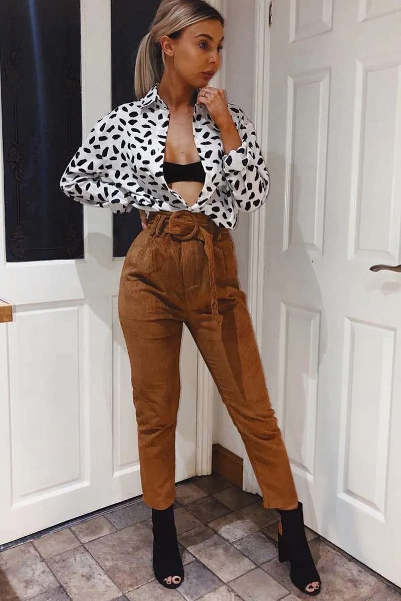 Camel Corduroy Belted Tapered Trousers - Janelle