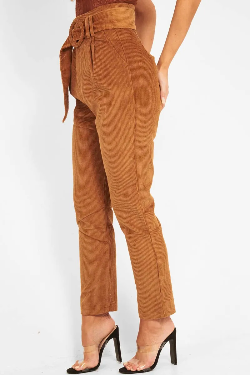 Camel Corduroy Belted Tapered Trousers - Janelle