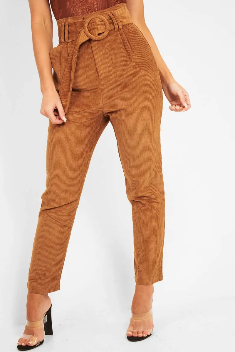 Camel Corduroy Belted Tapered Trousers - Janelle