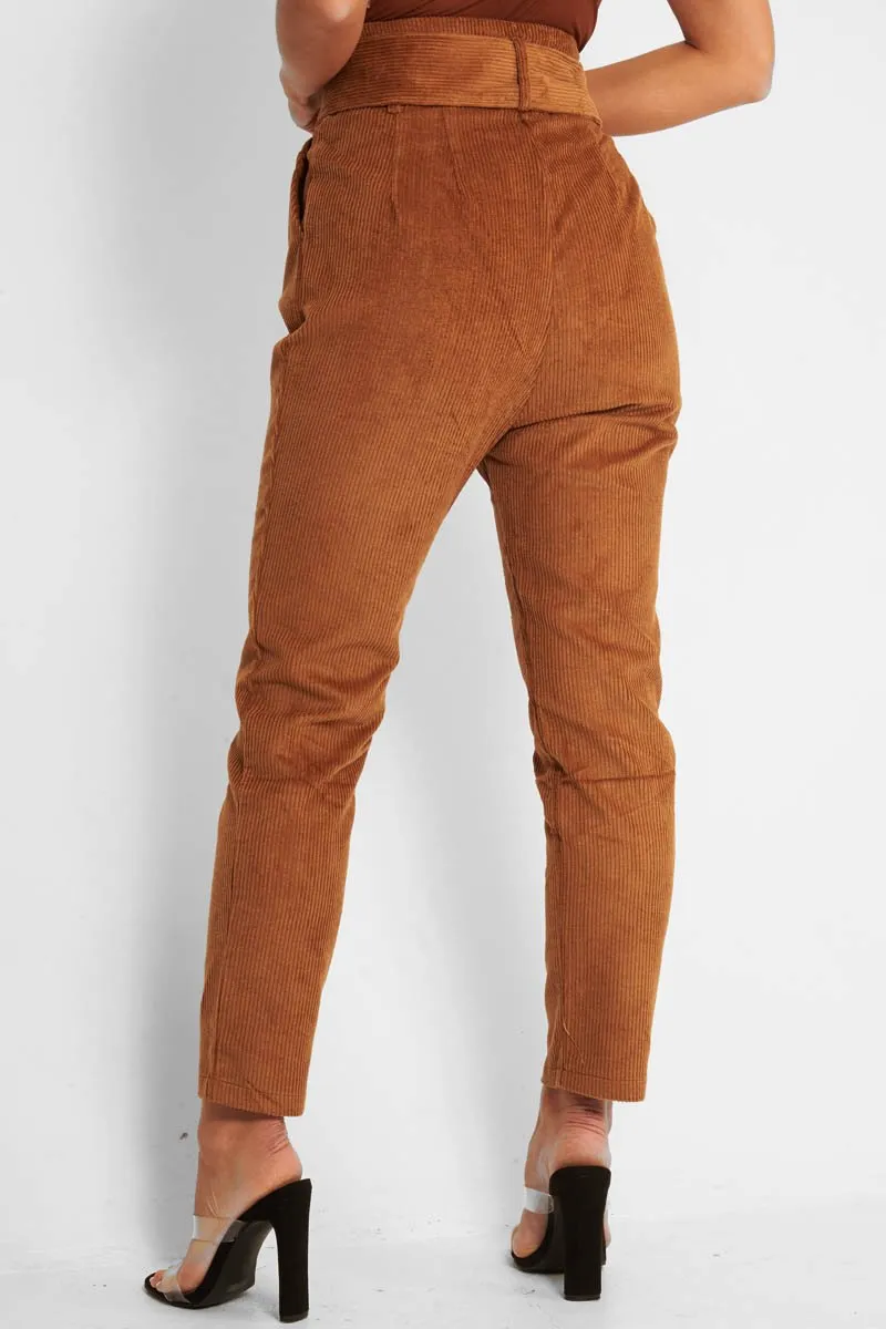 Camel Corduroy Belted Tapered Trousers - Janelle