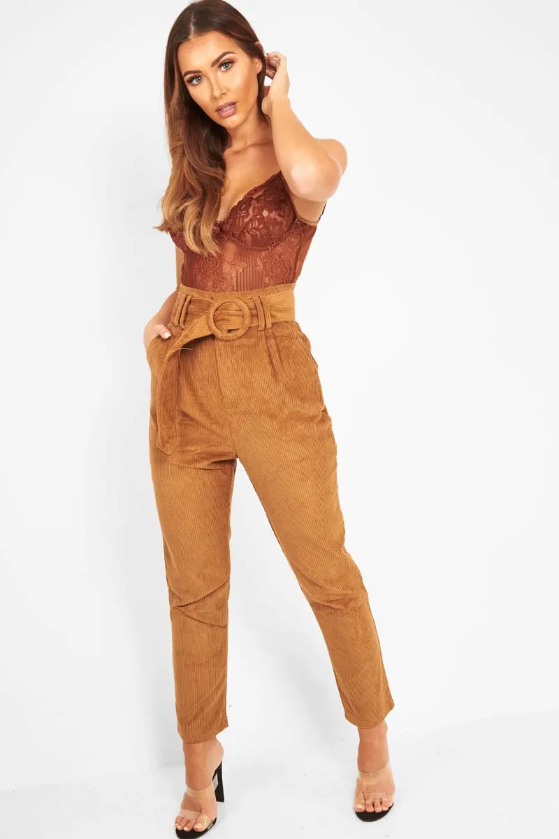 Camel Corduroy Belted Tapered Trousers - Janelle