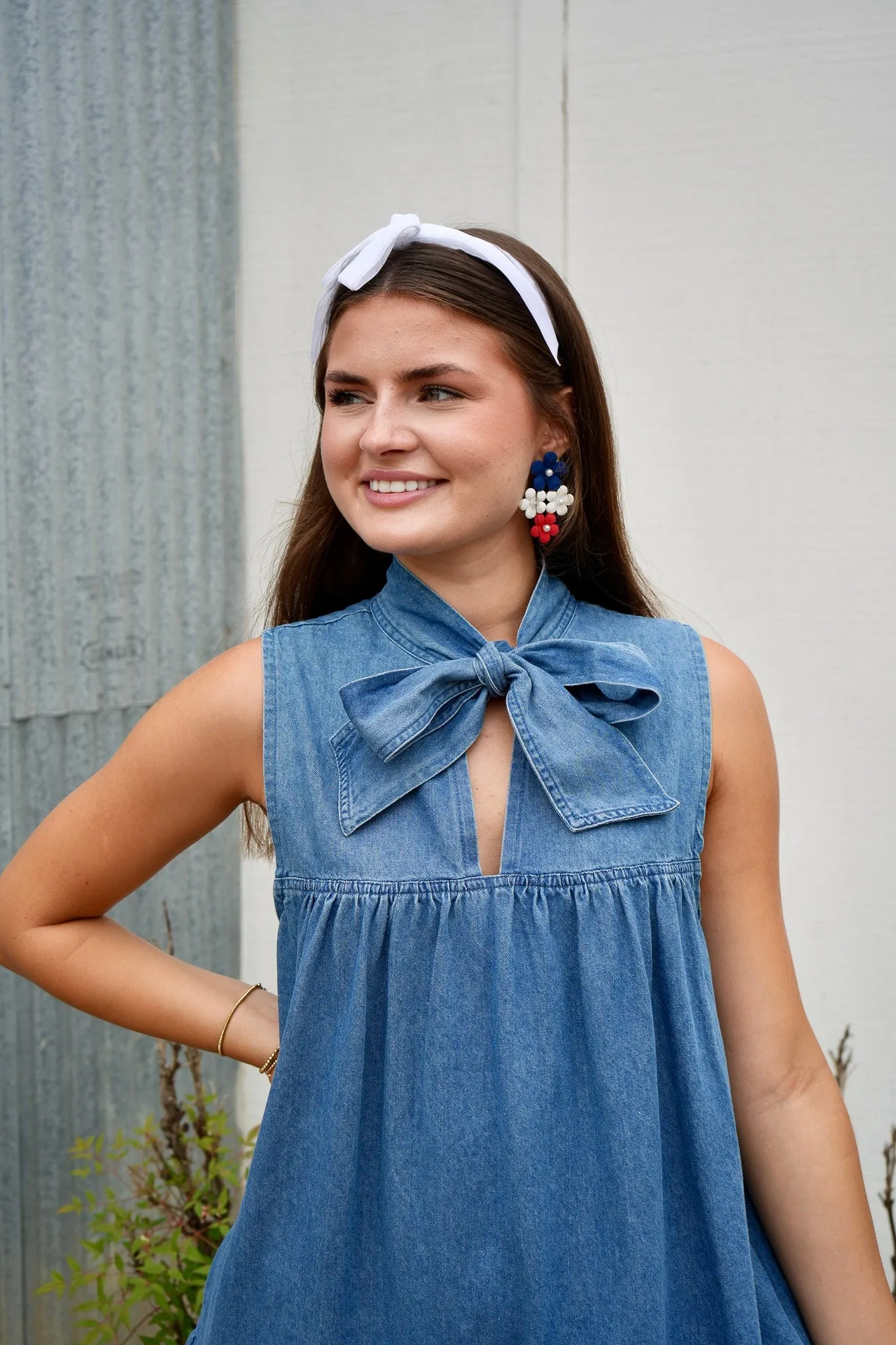 Charlie Neck Bow Denim Dress - Dark Denim