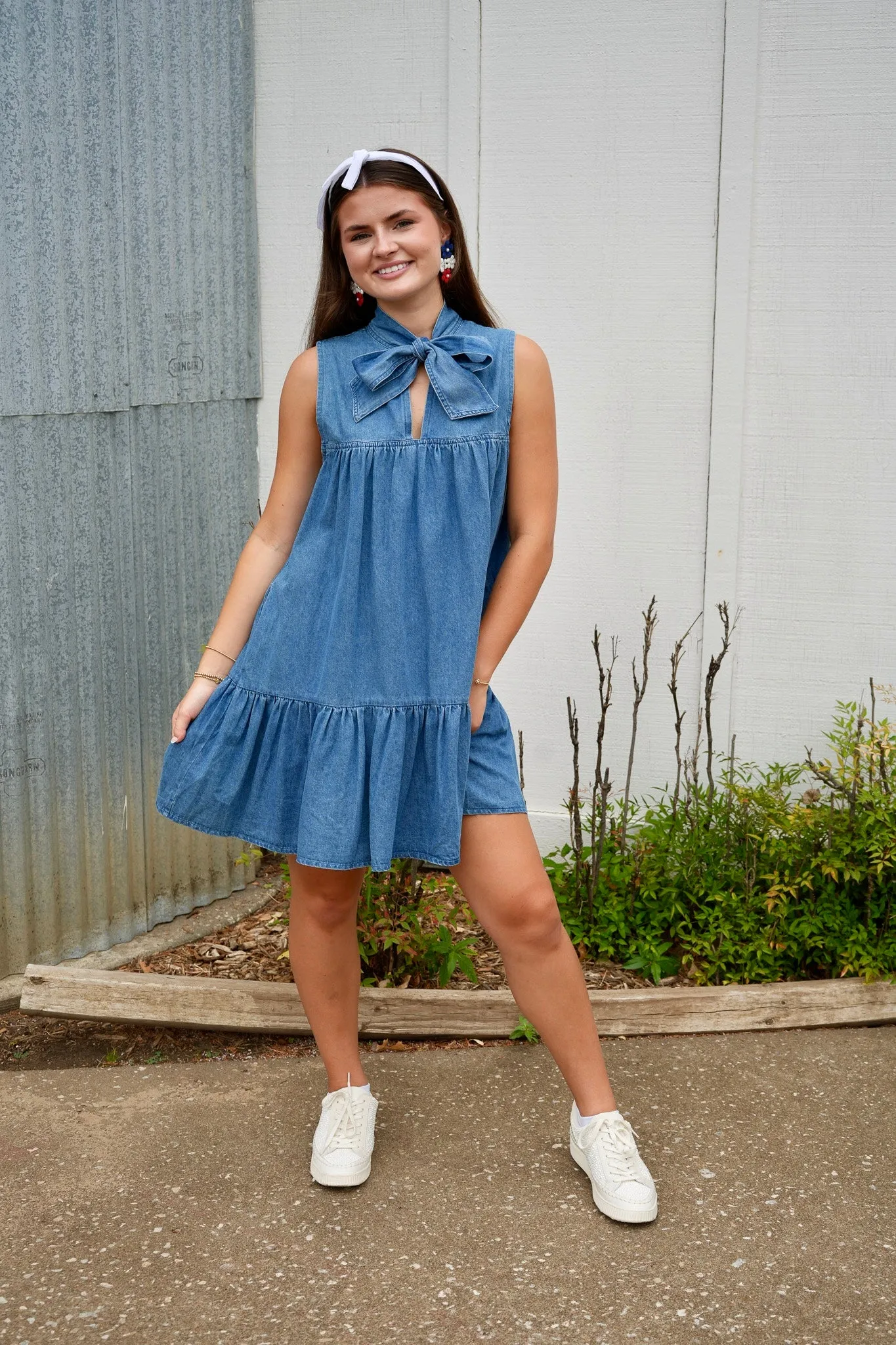 Charlie Neck Bow Denim Dress - Dark Denim