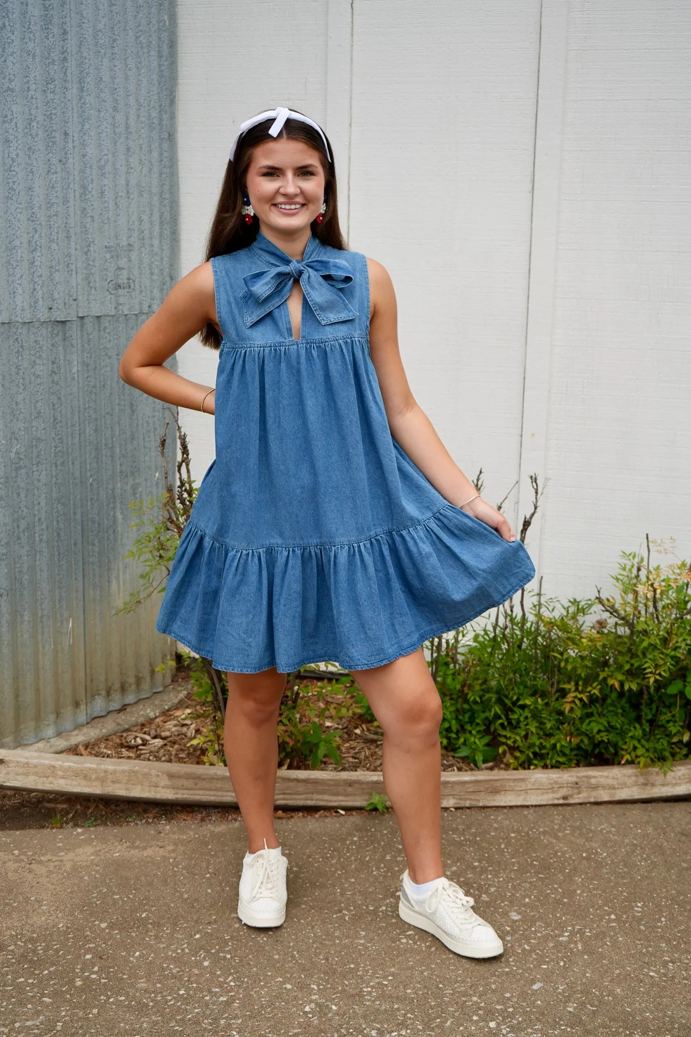 Charlie Neck Bow Denim Dress - Dark Denim