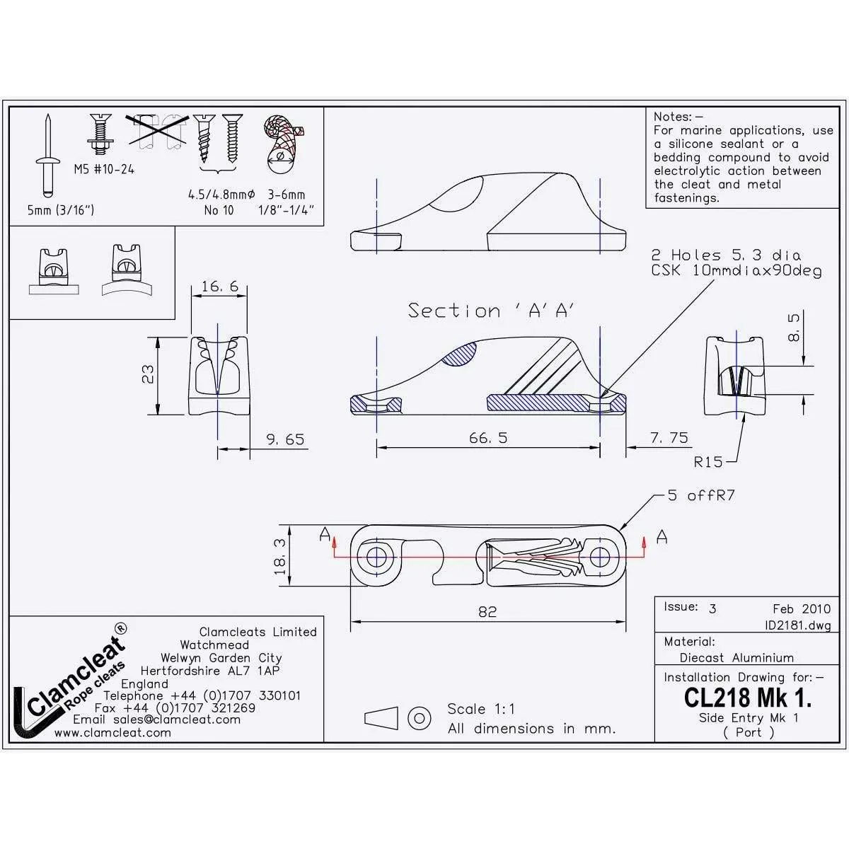 Clamcleat CL218 Mk1 Side Entry - Port - CL218 MK1