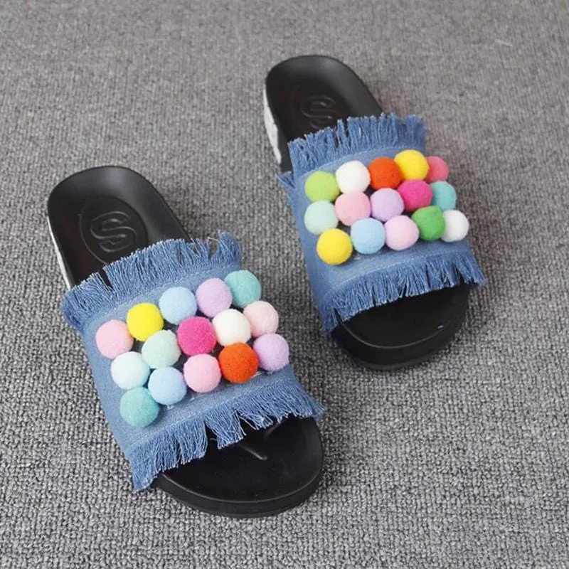 Colorful Pom-Pom Slide Sandals