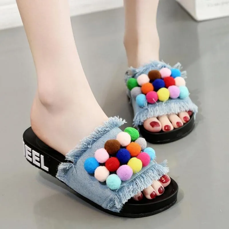 Colorful Pom-Pom Slide Sandals