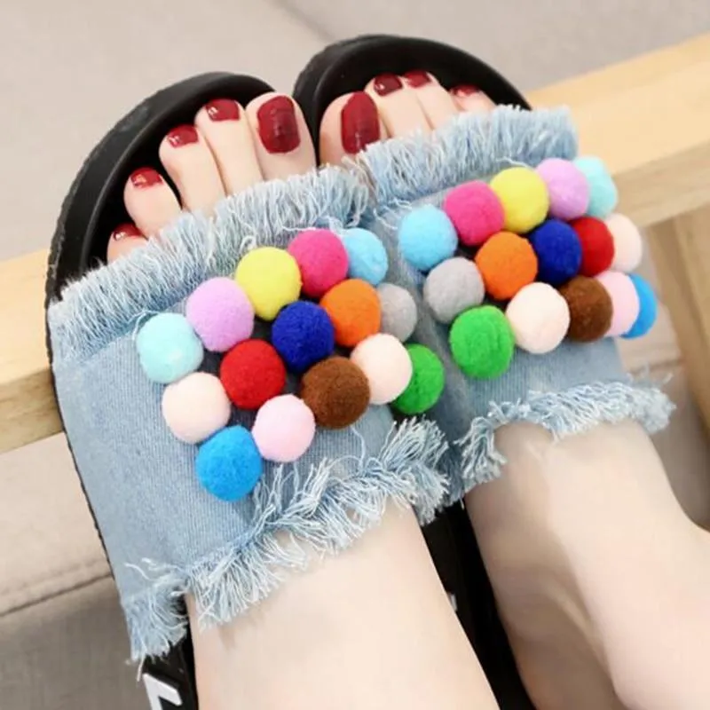 Colorful Pom-Pom Slide Sandals