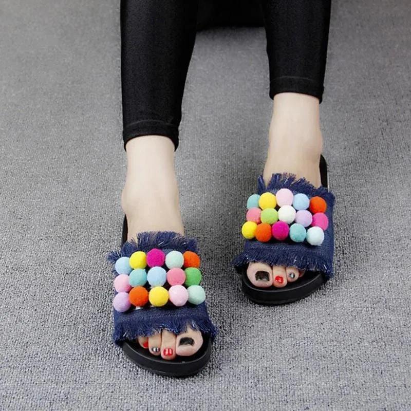 Colorful Pom-Pom Slide Sandals