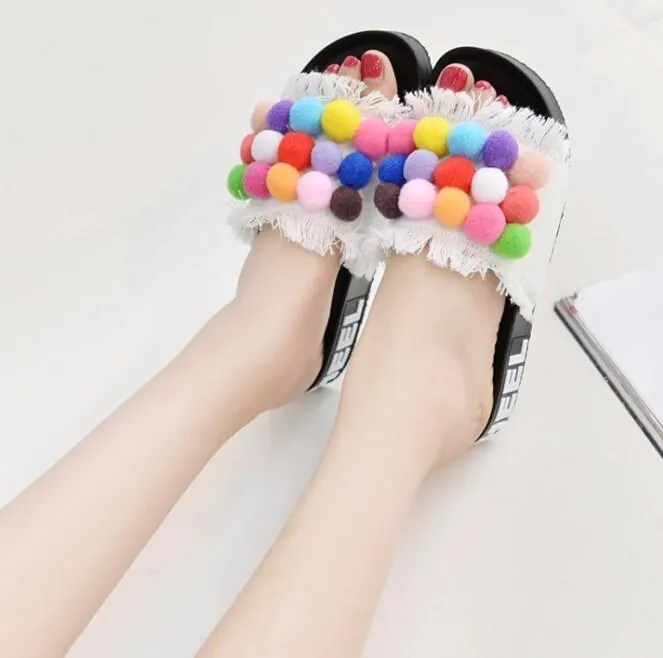 Colorful Pom-Pom Slide Sandals