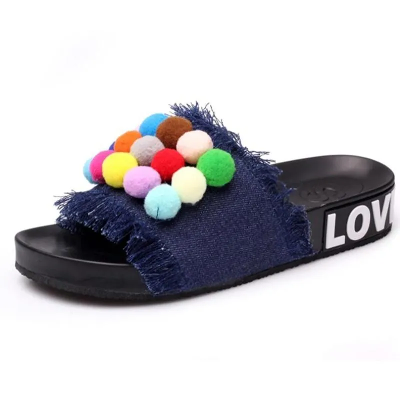 Colorful Pom-Pom Slide Sandals