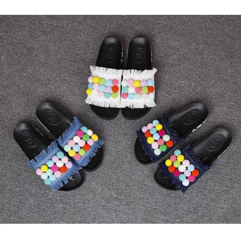 Colorful Pom-Pom Slide Sandals