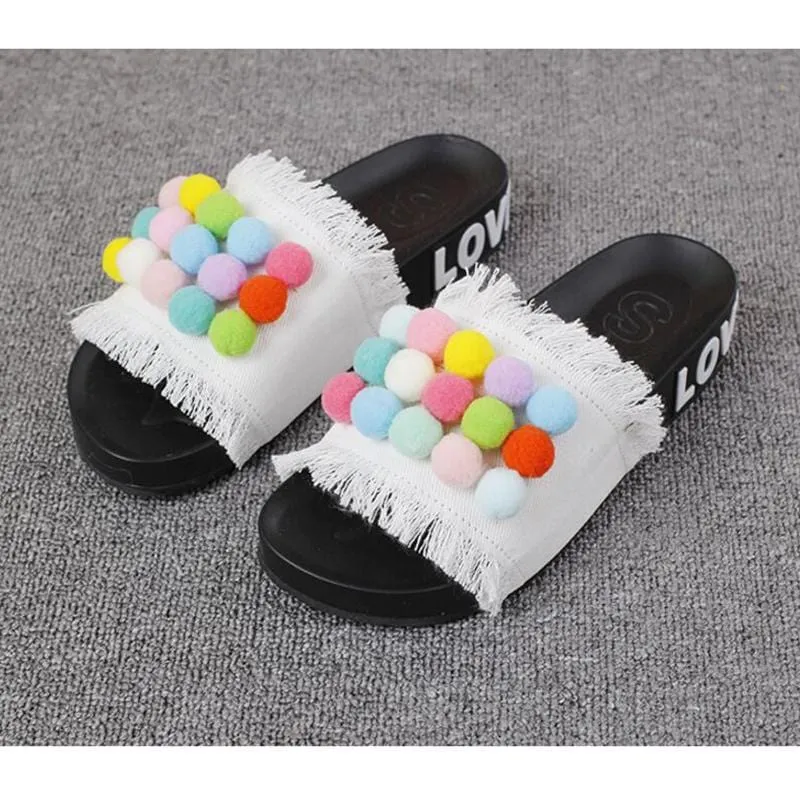 Colorful Pom-Pom Slide Sandals