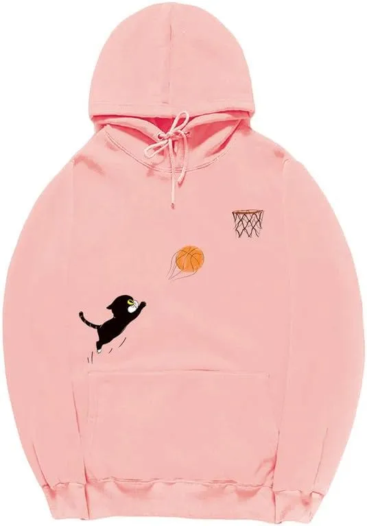 CORIRESHA Women's Cute Cat Basketball Hoodie Long Sleeve Drawstring Pocket Cotton Casual Sweatshirt