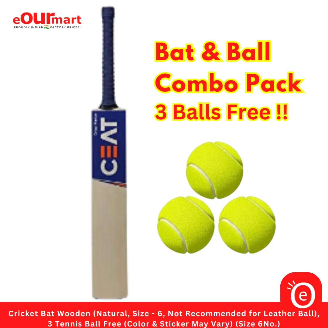 Cricket Bat Wooden (Natural, Size - 6, Not Recommended for Leather Ball),  3 Tennis Ball Free (Color & Sticker May Vary) (Size 6No.)