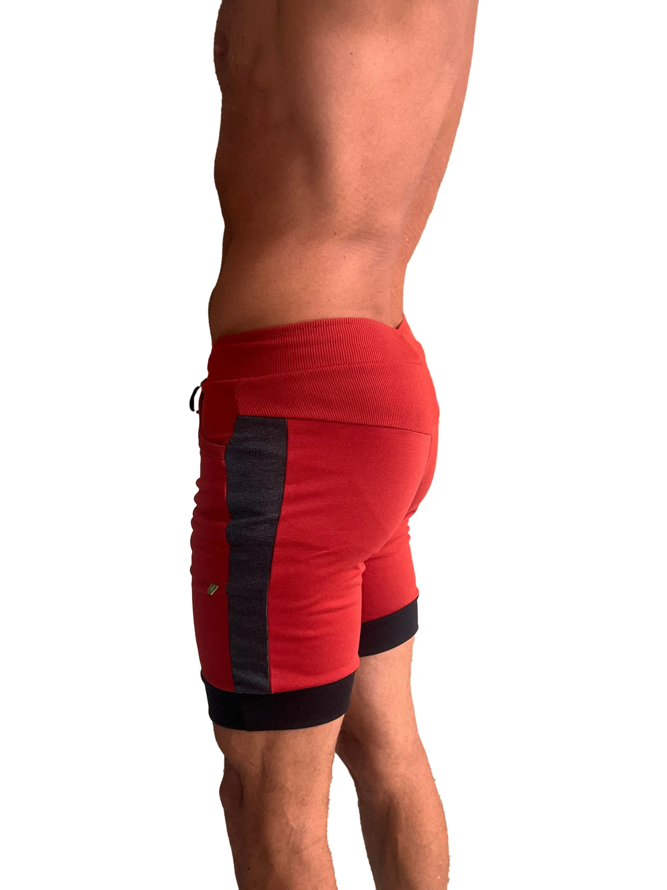 Cuffed Yoga Short (Red w/Charcoal & Black)