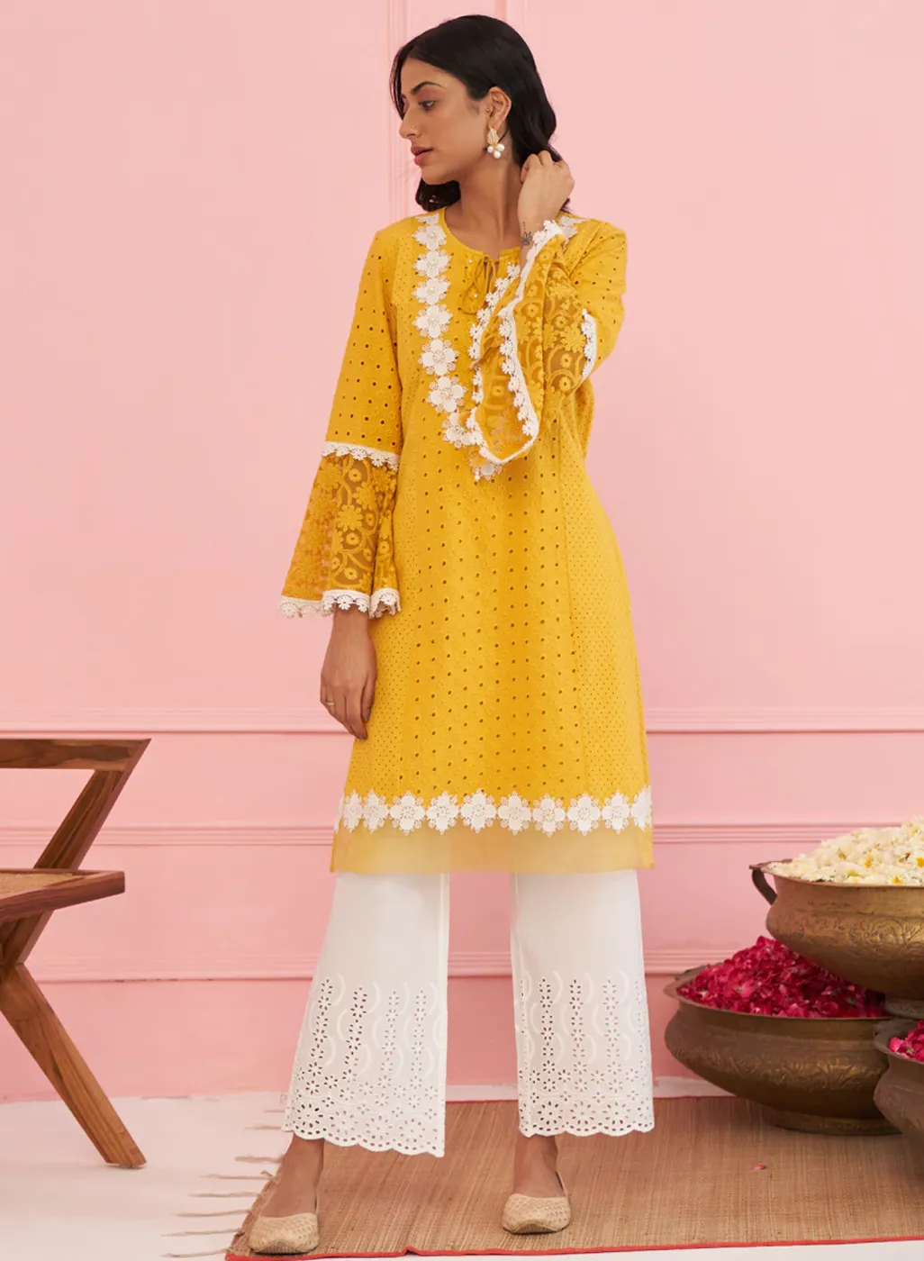 Daisy Yellow Phool Collection Schiffli Kurta