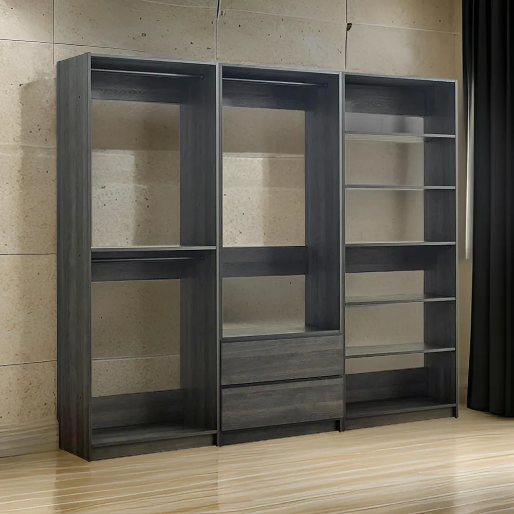 Dee Modular Closet System, 5 Floating Shelves, 2 Drawers, Dark Gray Wood By Casagear Home