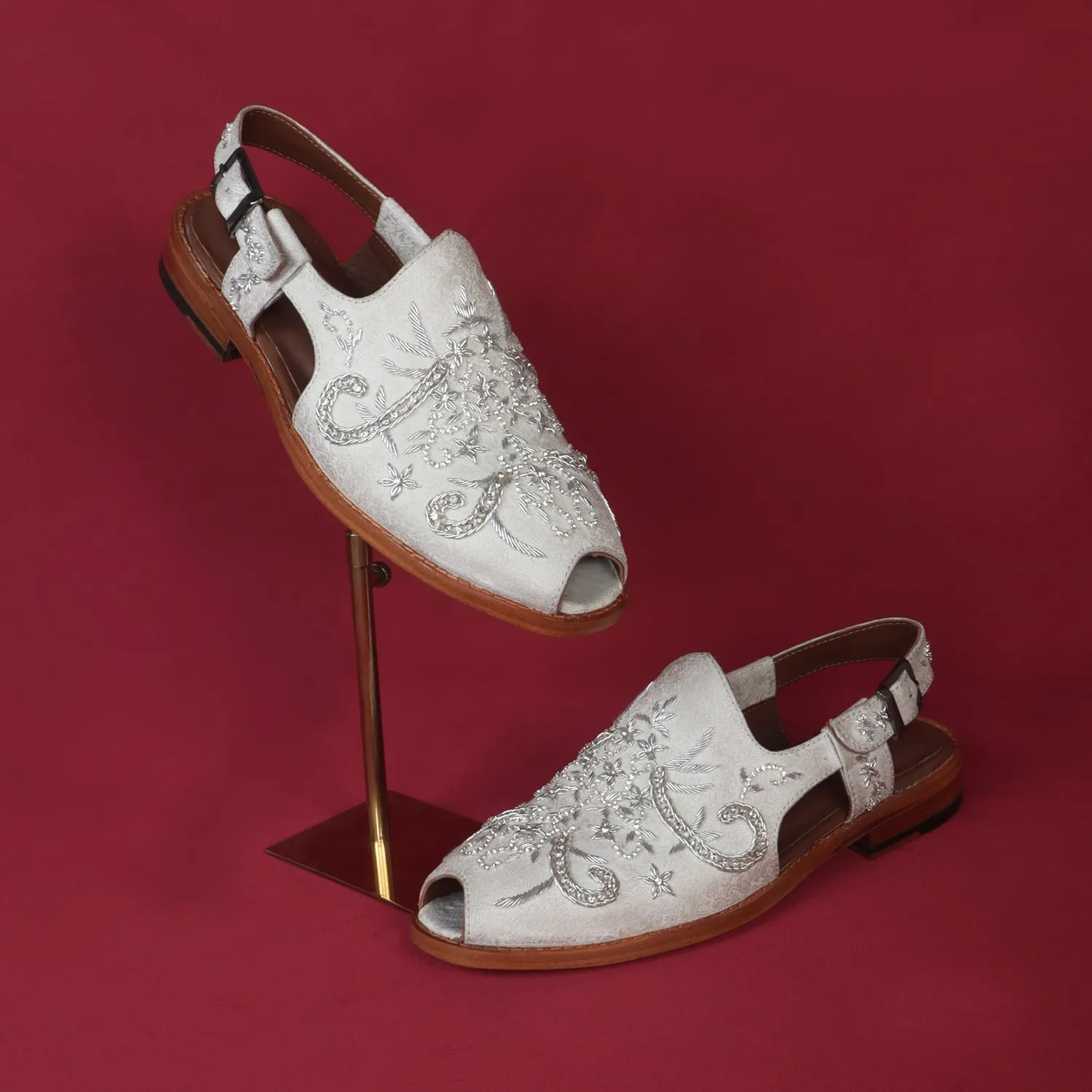 Full Zardosi Peshawari White Sandal with Gunmetal Buckle