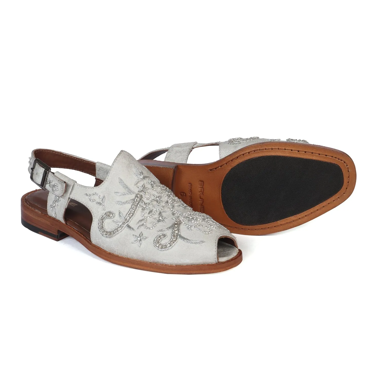 Full Zardosi Peshawari White Sandal with Gunmetal Buckle